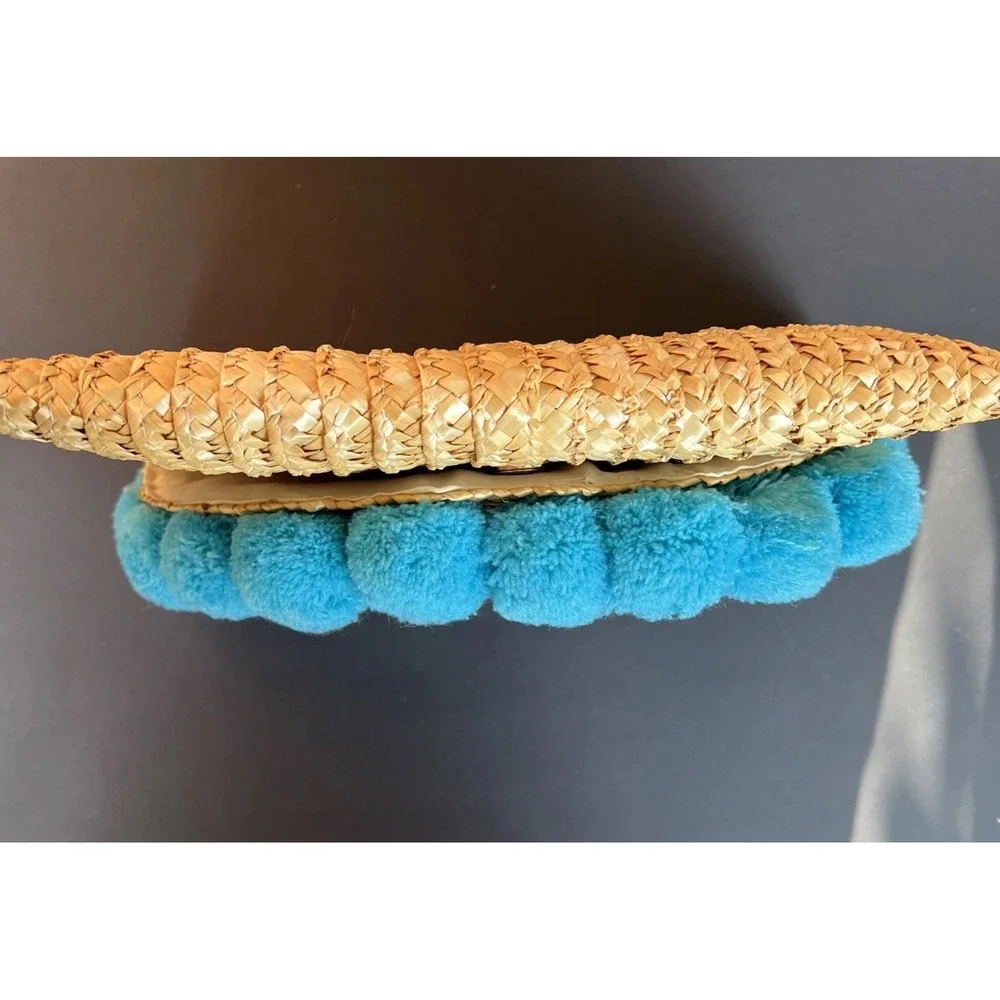 SHIRALEAH Fortuna Turquoise Teal Pom Pom Clutch Purse Chicago Envelope Bag Straw